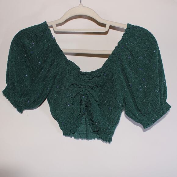 Urban Outfitters Green Sparkly Puffy Sleeved Crop Top Size S - Picture 1 of 5